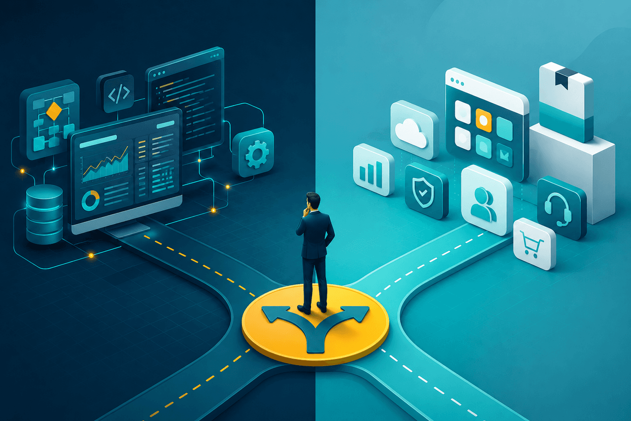 Business leader evaluating build versus buy software decision