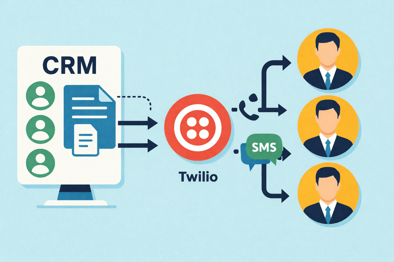Visual showing programmable call and SMS flows between CRM, agents, and Twilio APIs