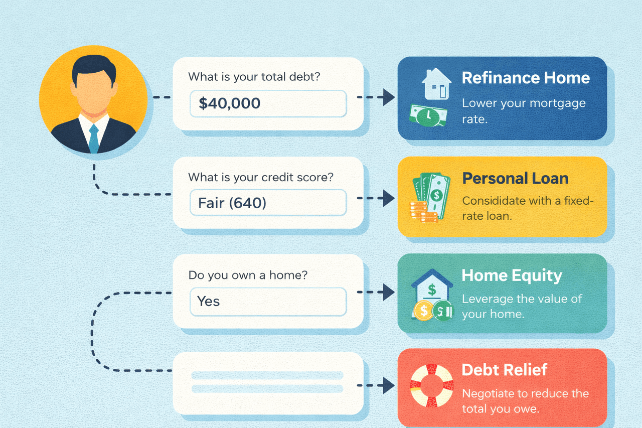 Visual of a debt resolution flow showing user inputs leading to recommended options like refinance, personal loan, and debt relief