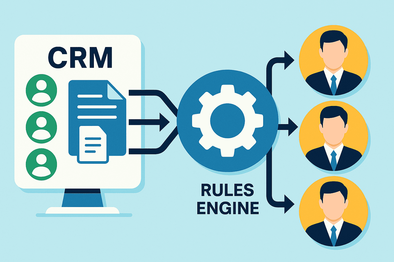 Diagram showing automated lead assignment from CRM to agents based on business logic