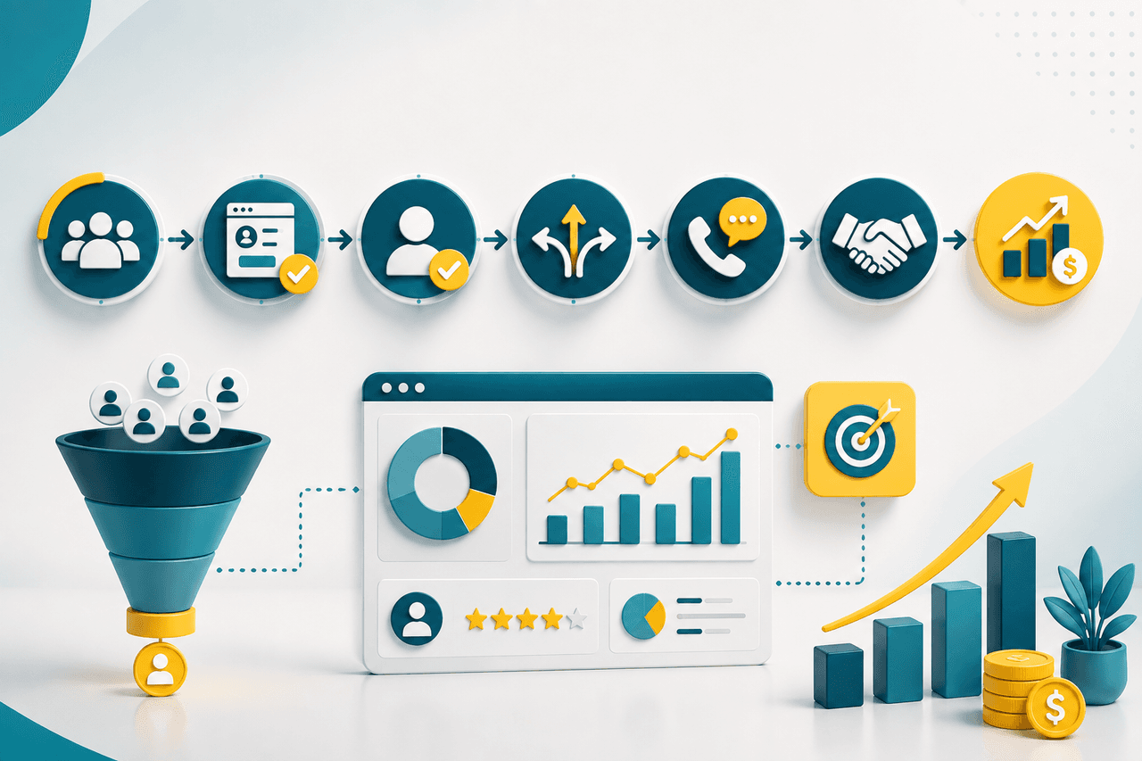 Marketing lead flow connecting acquisition, qualification, routing, sales follow-up, and revenue